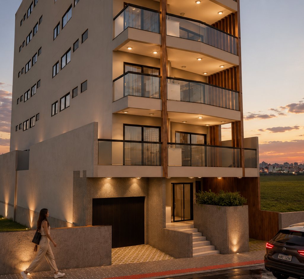 Fachada iluminada ao entardecer