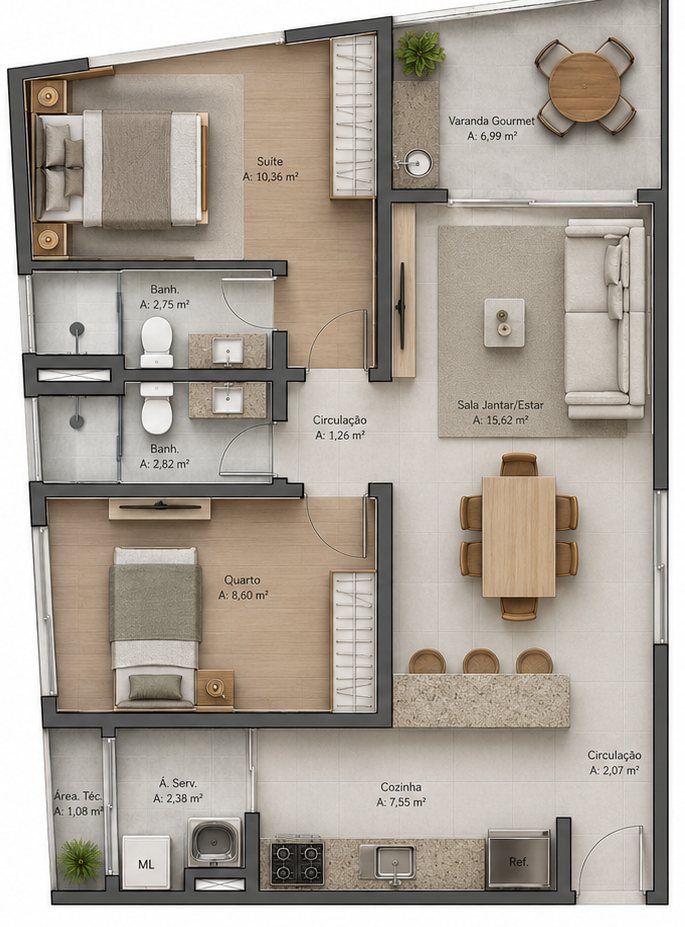 Planta humanizada do apartamento de 68,29 m²