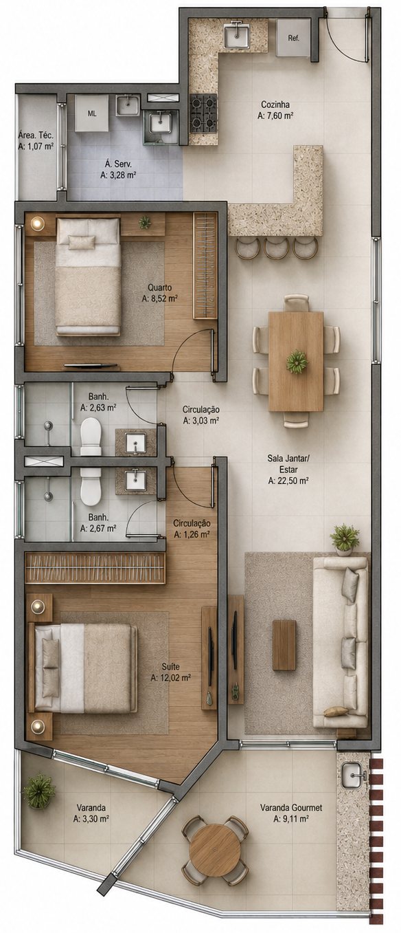 Planta humanizada do apartamento de 84,82 m²