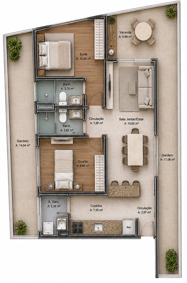 Planta humanizada do garden de 104,25 m²