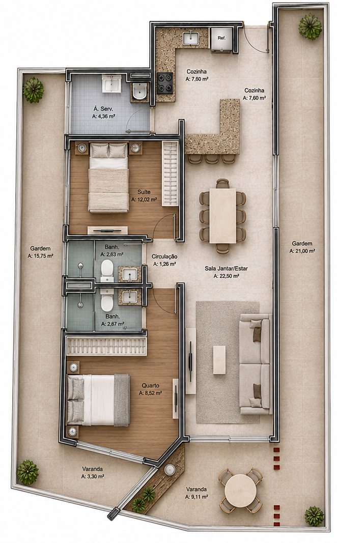 Planta humanizada do garden de 127,92 m²