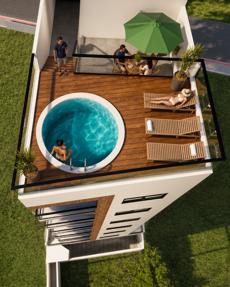 Vista aérea do rooftop com piscina