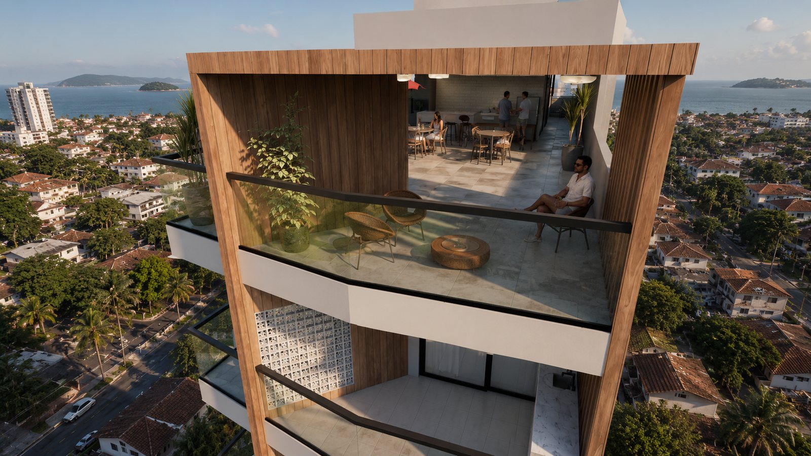 Lounge coberto do rooftop com vista para o mar