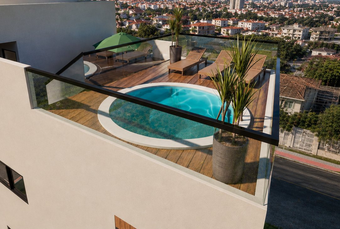 Piscina do rooftop com deck de madeira