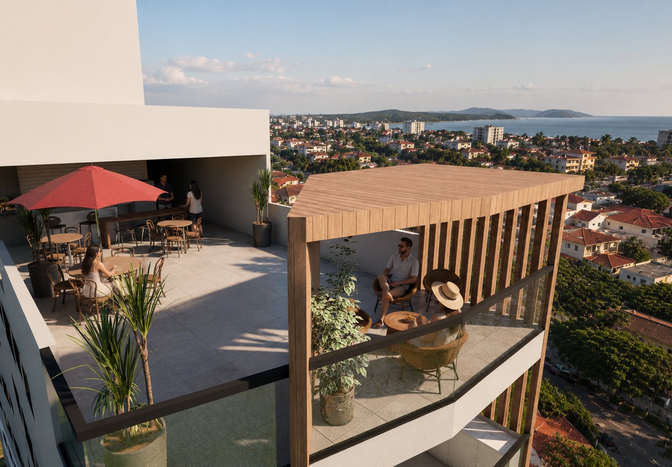 Terraço do rooftop com vista para o mar de Iriri